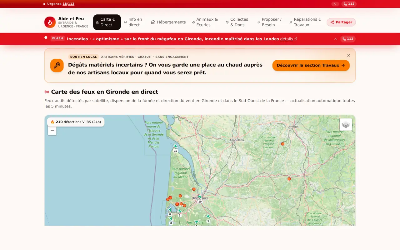 Page d'accueil d'Aide et Feu : carte des feux en direct en France avec les détections satellite