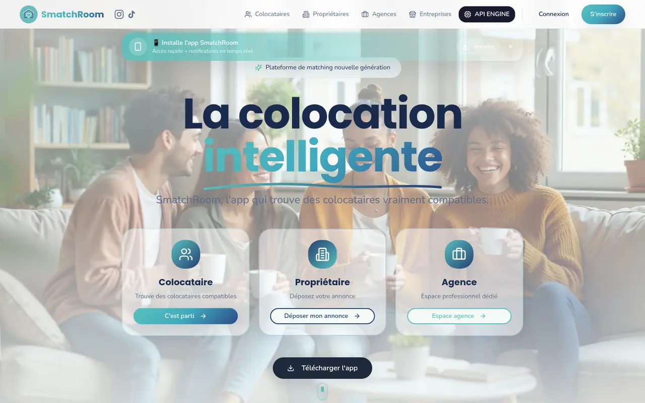Page d'accueil de SmatchRoom Coloc : la colocation intelligente, avec les accès colocataire, propriétaire et agence