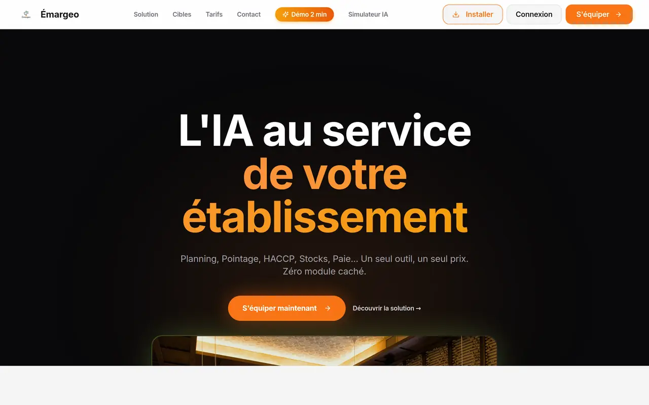 Page d'accueil d'Émargeo : l'IA au service de votre établissement, planning, pointage, HACCP, stocks et paie