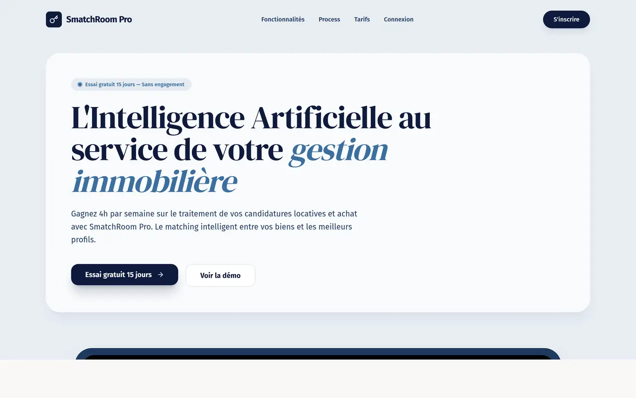 Page d'accueil de SmatchRoom Pro : l'intelligence artificielle au service de la gestion immobilière
