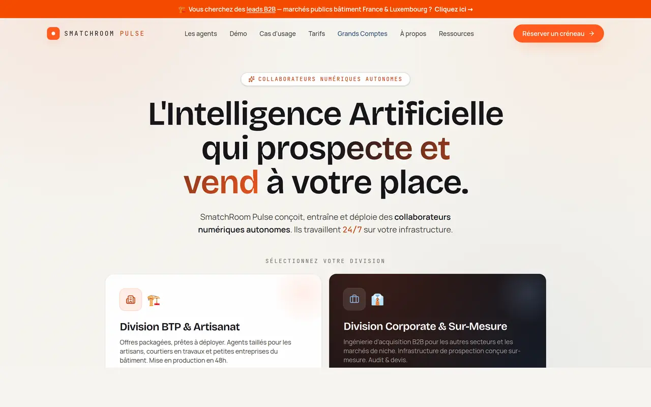 Page d'accueil de SmatchRoom Pulse : des collaborateurs numériques autonomes, divisions BTP et Corporate